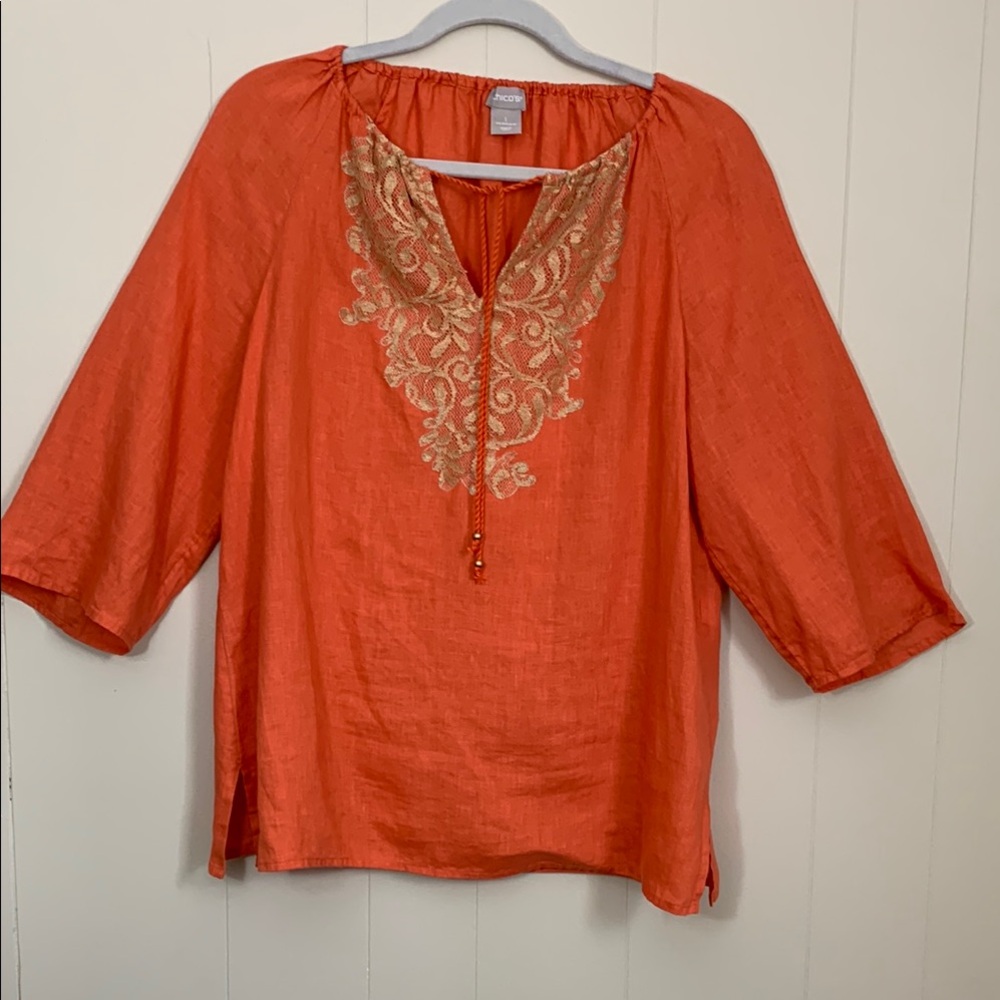 Chico's Orange Embellished 3/4 Sleeve Blouse